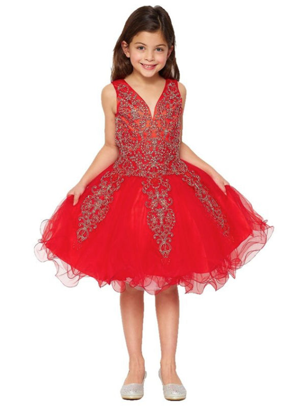 Girls Red Beaded Lace Corset Short Tulle Flower Girl Dress 2-16 - SophiasStyle.com
